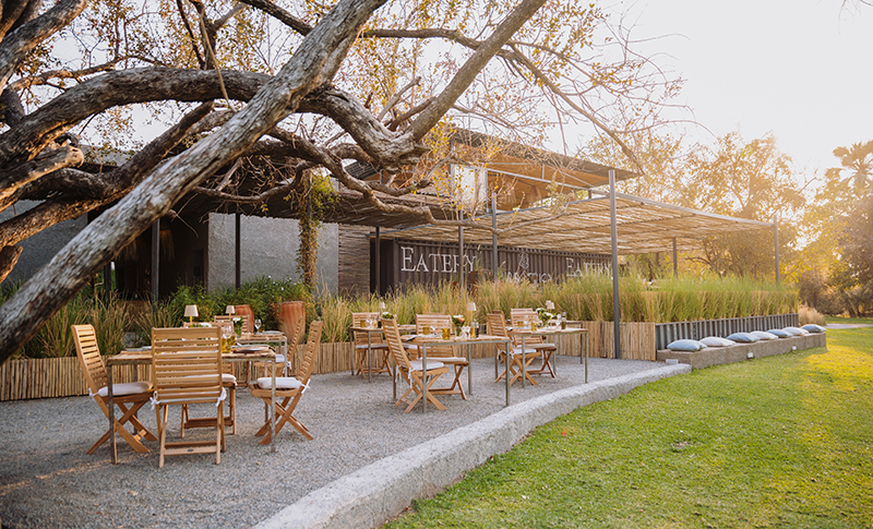 Terraza de The Eatery, con mesas y sillas de madera bajo los árboles.